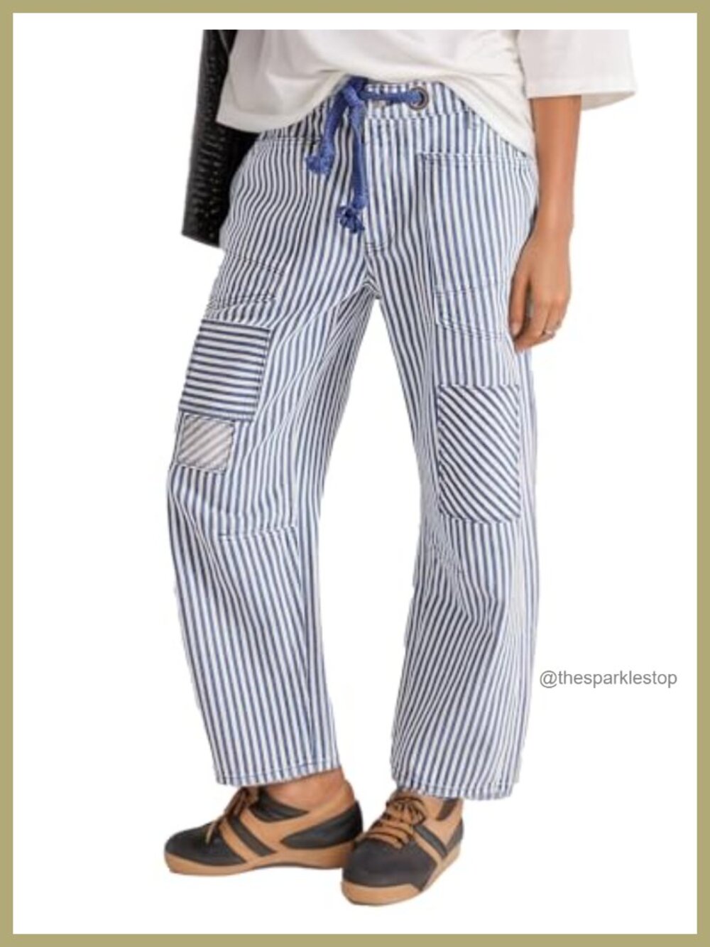 Barrel Jeans Striped Drawstring Patchwork Wide Leg Denim Pant